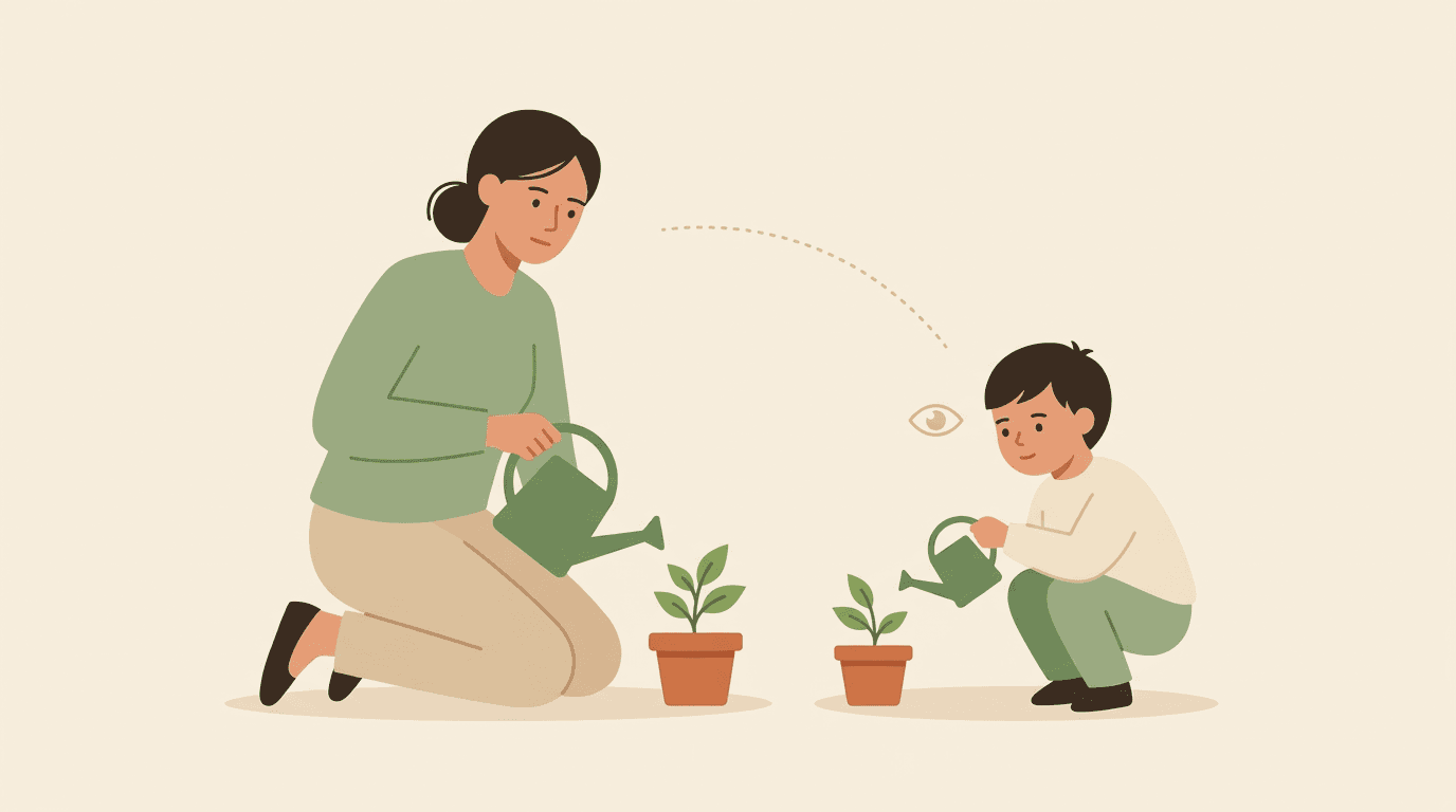 A teacher and child, both kneeling and watering plants, with a dotted line and eye icon showing the child observing.