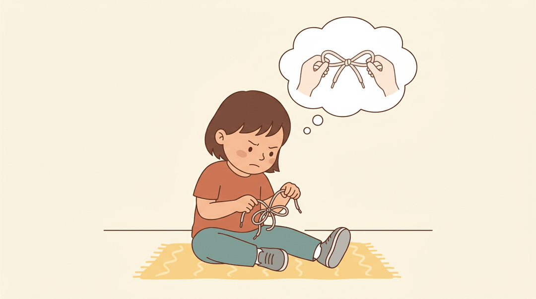 A child fumbles with a tangled shoelace while a thought bubble shows a perfect bow being tied.
