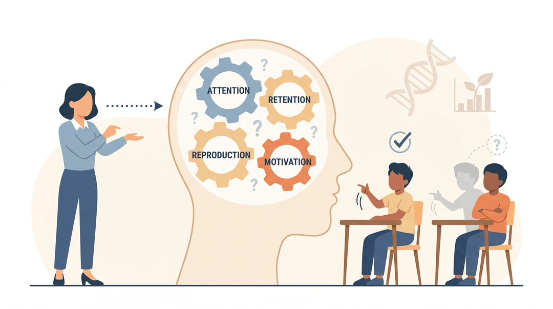 A teacher demonstrates an action to students, one of whom replicates it while the other appears disengaged, illustrating the challenges of student learning and imitation.
