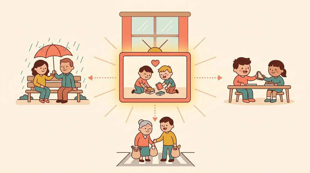 A screen showing two cartoon characters helping each other radiates lines to three scenes of people performing acts of kindness.