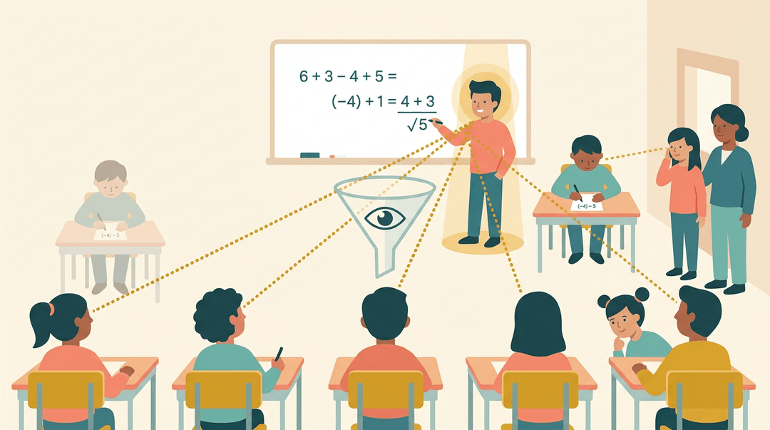 Students in a classroom focus on one peer at the whiteboard, while another ignored student works alone.
