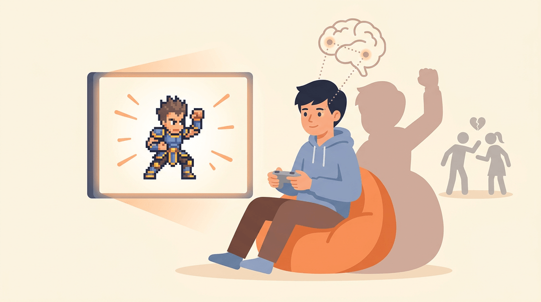A boy playing video games mirrors a pixelated warrior as a faded scene of arguing stick figures depicts desensitization.