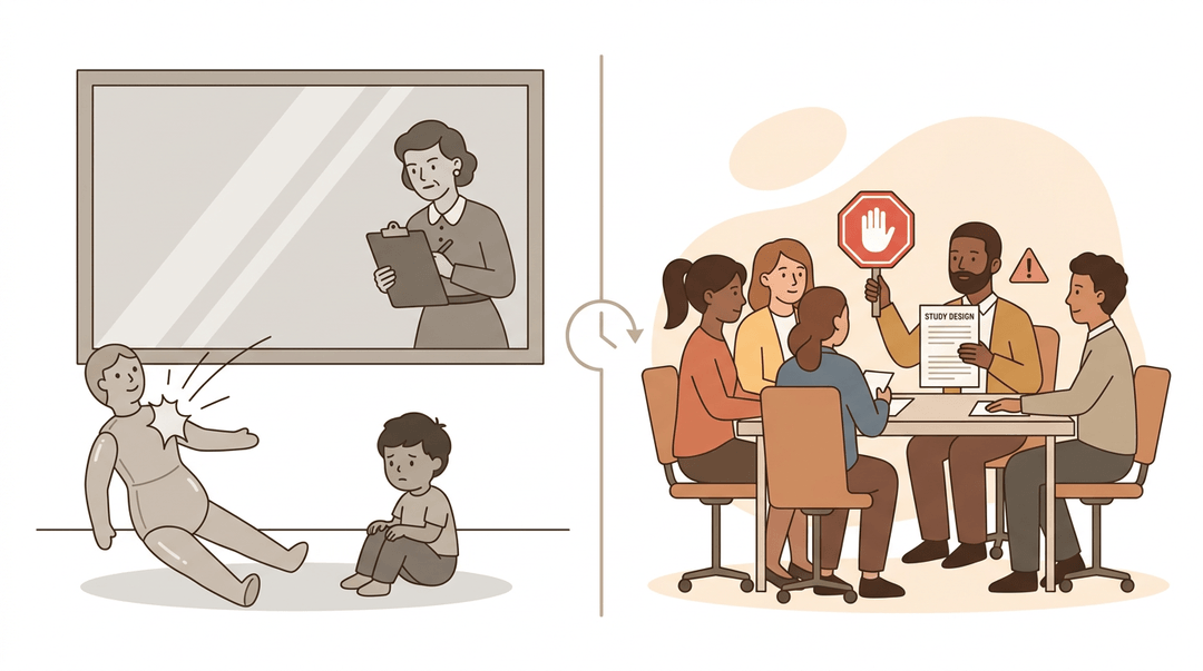A two-panel illustration contrasting unethical past research (child experimented on) with modern ethical review (board stopping a flawed study).