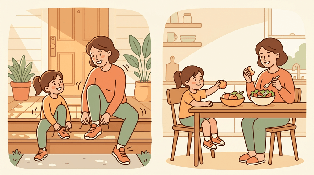 Two illustrative vignettes show a parent and child lacing shoes, then echoing each other while eating fruit at a table.