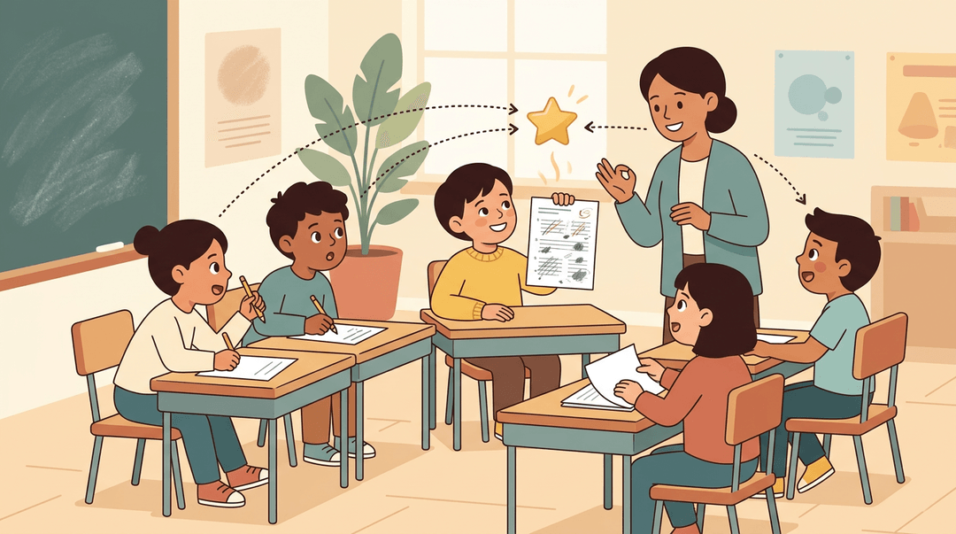 A teacher praises a student with a gold star for their hard work, inspiring three classmates who watch intently.