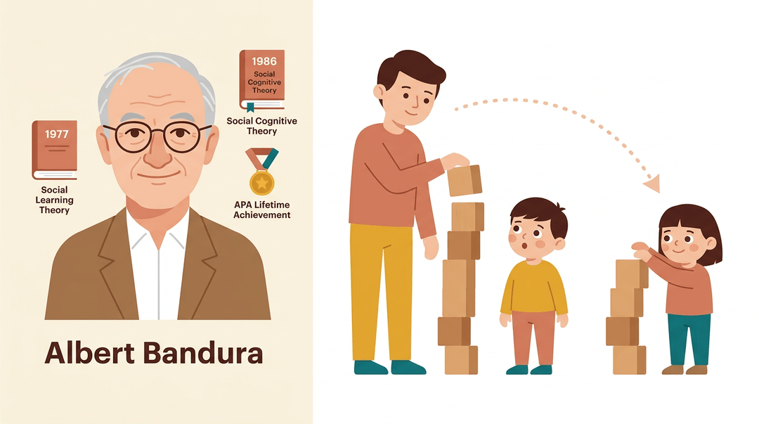 Portrait bust of Albert Bandura next to his books and a medal, with an illustration of a child imitating an adult.