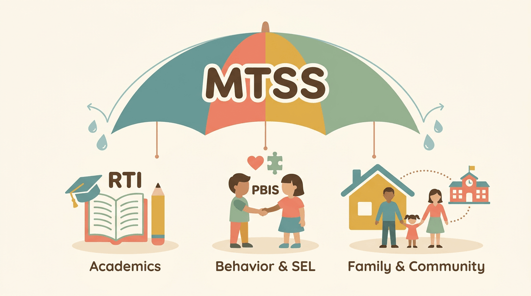 Umbrella labeled MTSS shelters groups representing RTI, PBIS, and Family & Community.