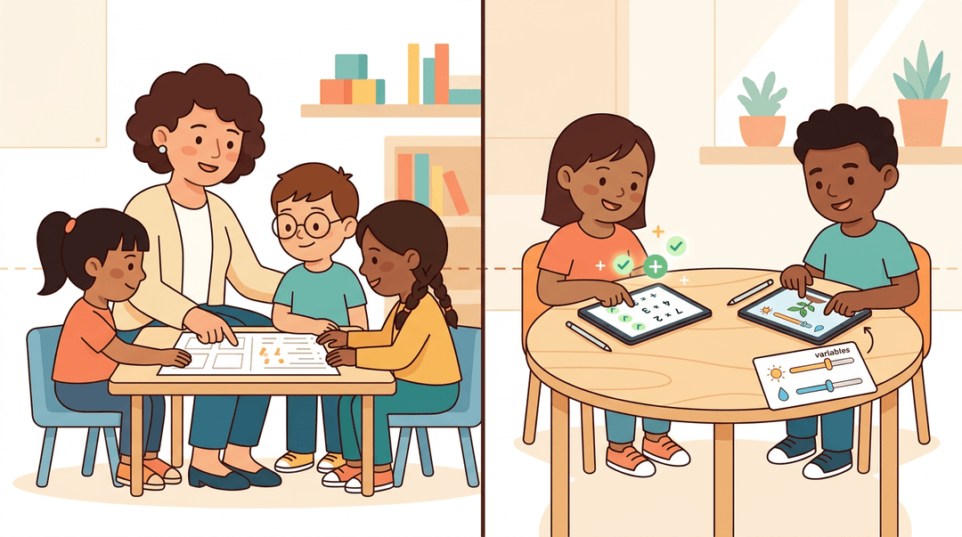 Teacher guides small group while students use tablets for interactive math and science lessons, showing supportive technology.
