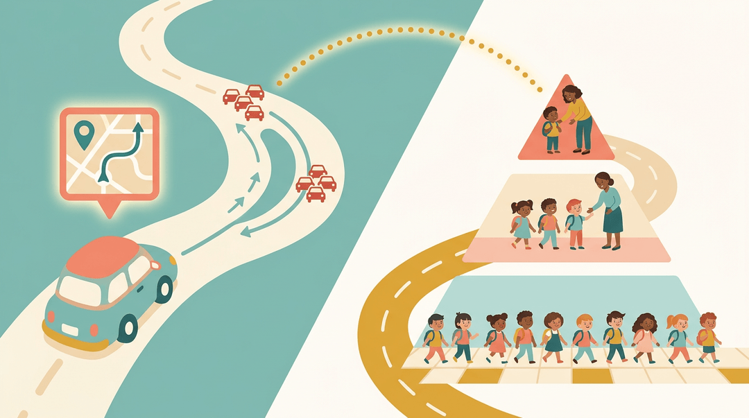 A split illustration links a GPS rerouting around traffic to tiered student support, showing how early adjustments help all learners.