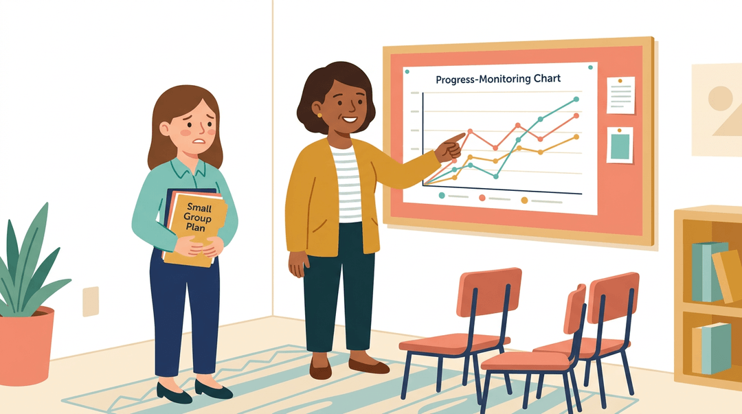 Mentor teacher guides new colleague through student data chart while small group chairs wait nearby.
