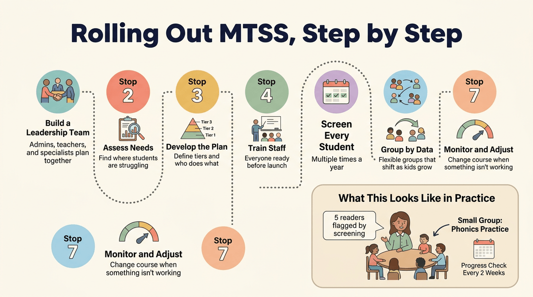 Infographic showing 7 steps for MTSS implementation, from building leadership to monitoring data, with a classroom example.