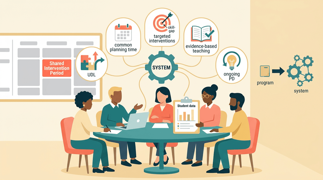 Diverse teachers collaborate around a table with data, while icons illustrate how UDL and interventions connect to a unified system.