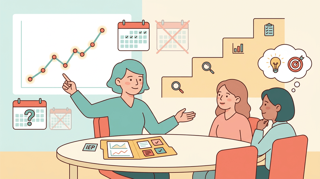 Teacher points to an upward progress chart at a table with parents and a specialist, symbolizing early detection and clear IEP planning.