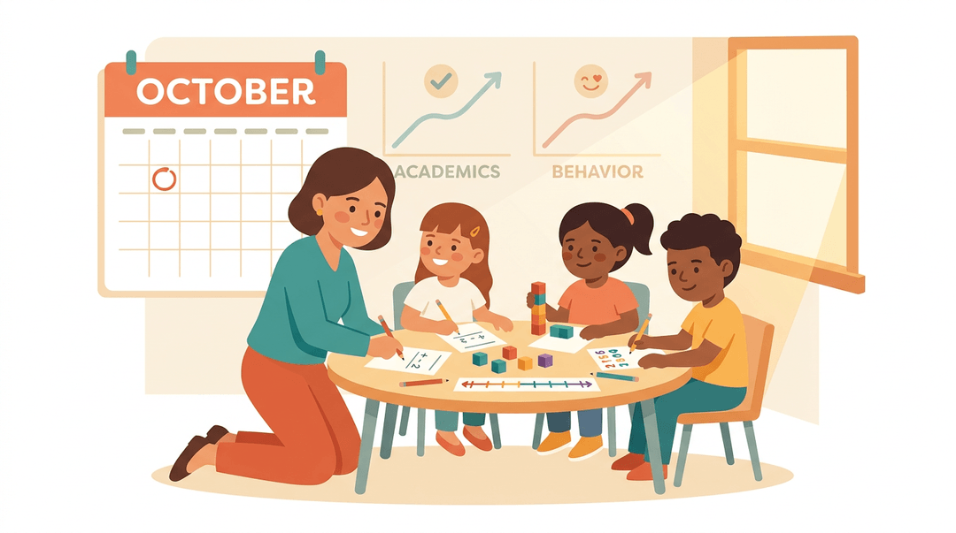 Teacher helps students with subtraction using blocks and number lines in an October classroom with positive progress charts.