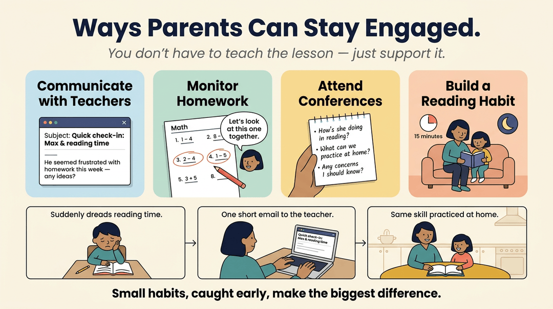 Infographic showing four ways parents can stay engaged with their child's education, including communicating with teachers and building a reading habit.