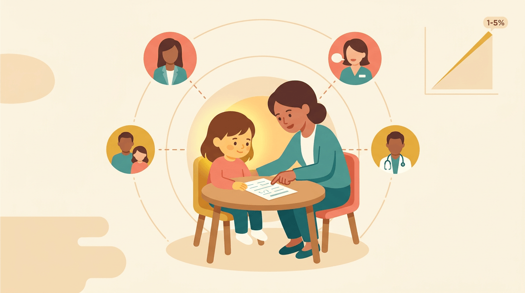 A child receives focused support from an adult specialist, surrounded by icons representing a team of counselors and therapists.