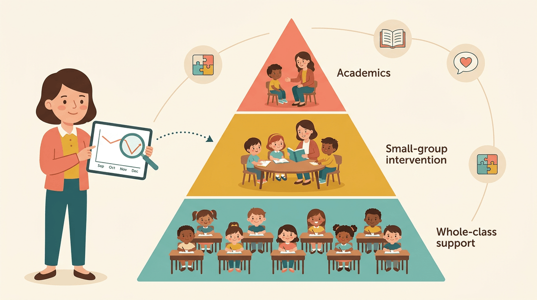 A pyramid showing tiered support levels alongside a teacher reviewing data to trigger early intervention.