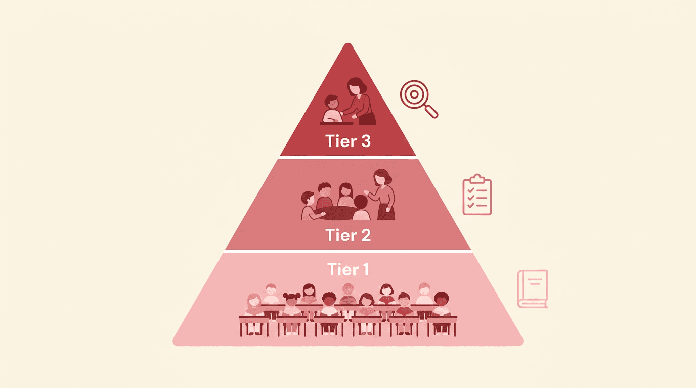 A pyramid diagram shows three tiers of educational support, with icons representing whole-class instruction, small groups, and one-on-one help.