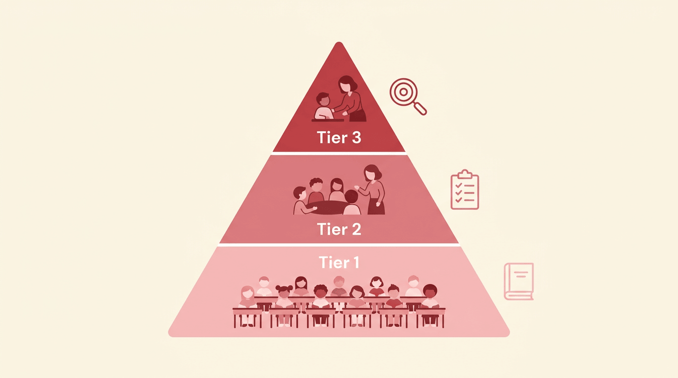 A pyramid diagram shows three tiers of educational support, with icons representing whole-class instruction, small groups, and one-on-one help.
