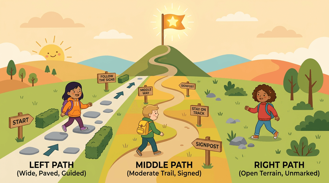 Three children take different paths through a landscape towards a glowing star on a hilltop.