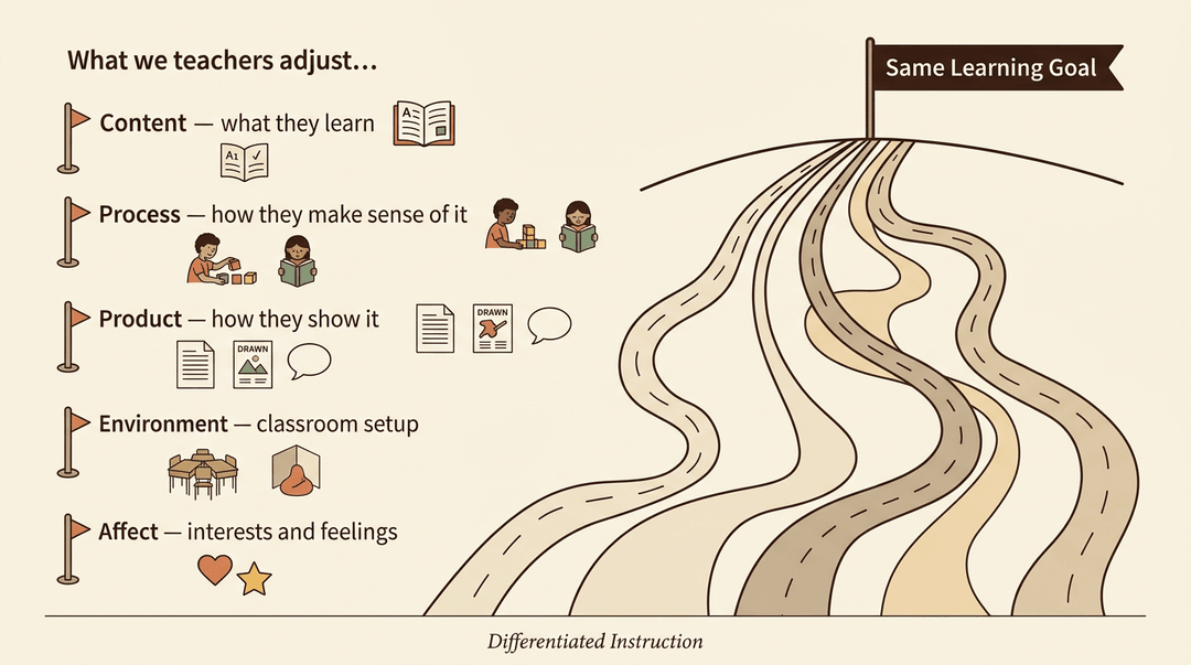 Five unique paths, representing differentiated instruction, converge at a single learning goal flag atop a hill.