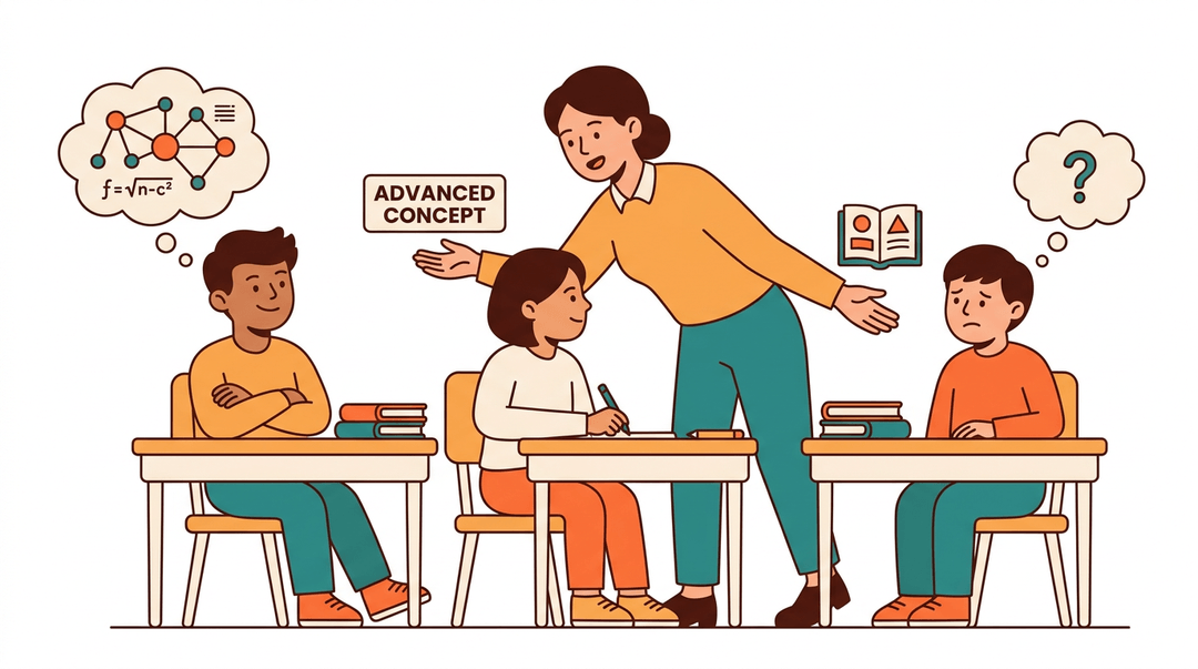 A teacher simultaneously explains a concept to three students with varying levels of understanding, depicted by thought bubbles.