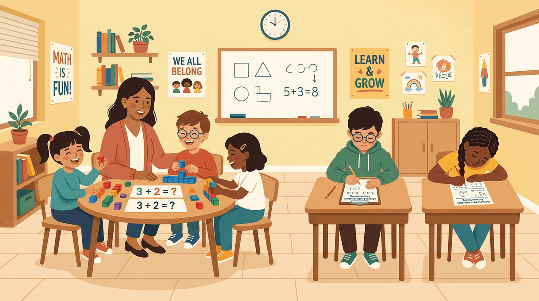 A teacher and three students use colorful blocks for a math problem, while two other students focus on a worksheet.