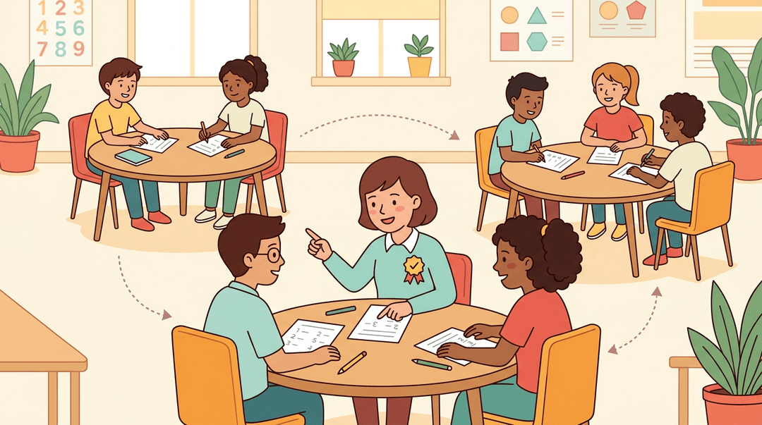 Three groups of students collaboratively solve math problems, with one student confidently tutoring peers, surrounded by subtle arrows suggesting group rotation.