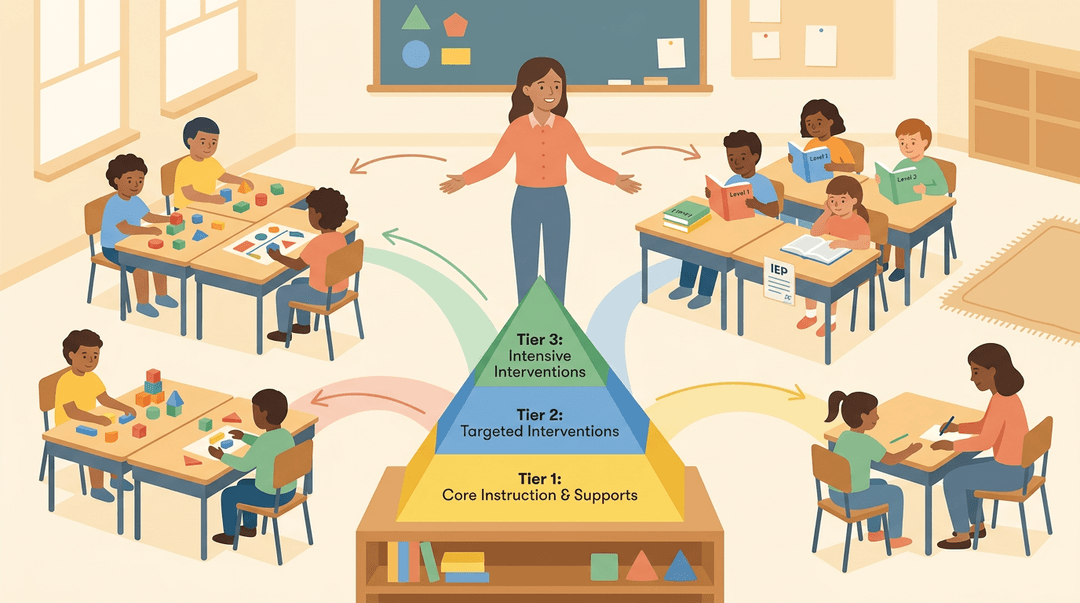 A warm illustration of a classroom with a teacher connecting groups of students engaged in differentiated learning with a tiered pyramid.