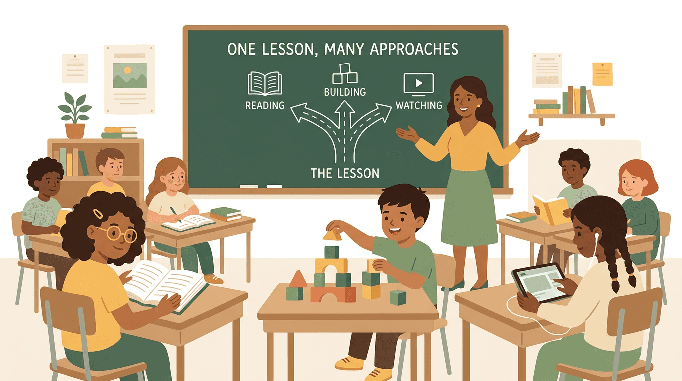 A teacher gestures at a chalkboard with three learning paths, each showing a student engaging with a lesson differently.
