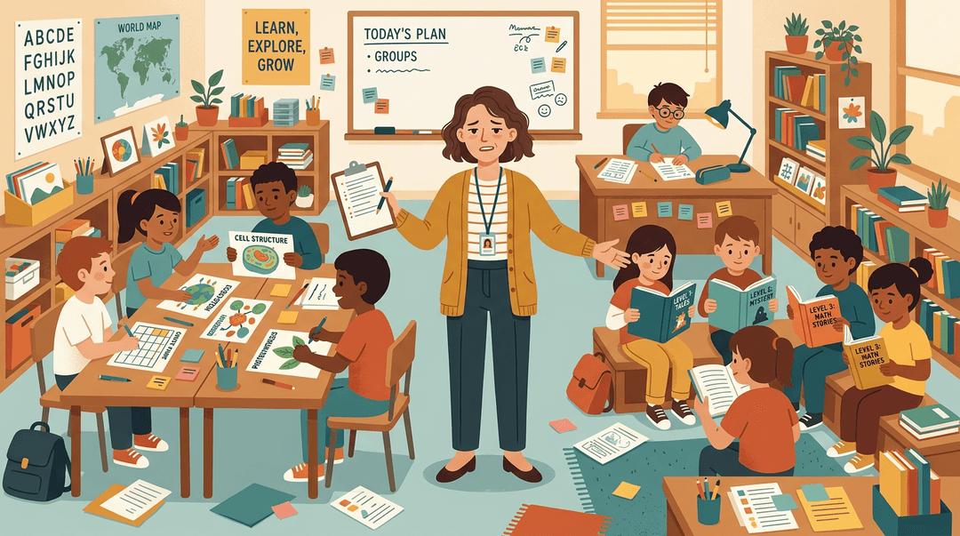 A teacher, looking tired but determined, manages three simultaneous activity stations in a busy, warm-toned classroom.