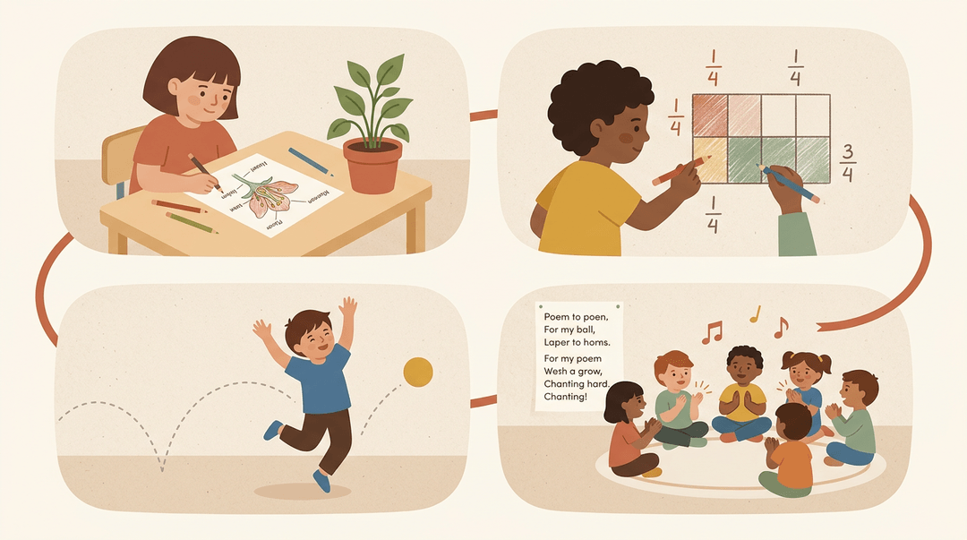 Four panels show art blending with science, math, physics, and poetry in a warm, minimal educational style.