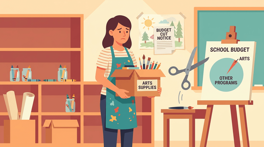An art teacher holds a supply box in an empty classroom, with a budget chart and scissors symbolizing funding cuts.