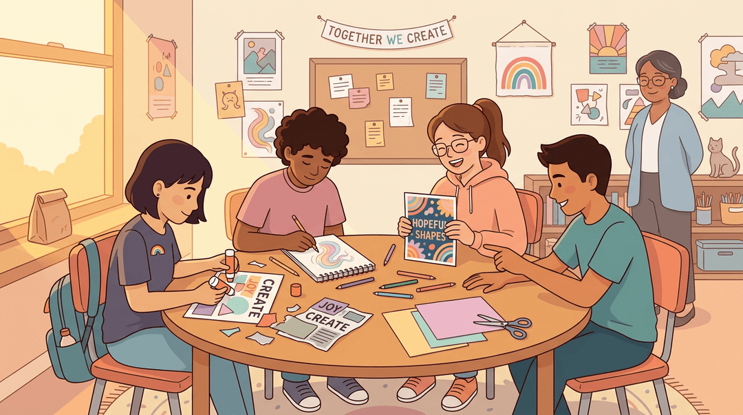 Diverse middle school students create art together at a table, sharing supplies and smiles in a warm, safe classroom.