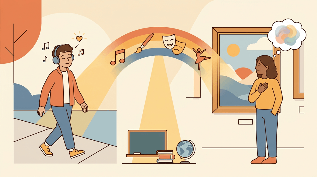 Split scene showing art's emotional impact on daily life and learning, connected by icons of music, painting, theater, and dance.