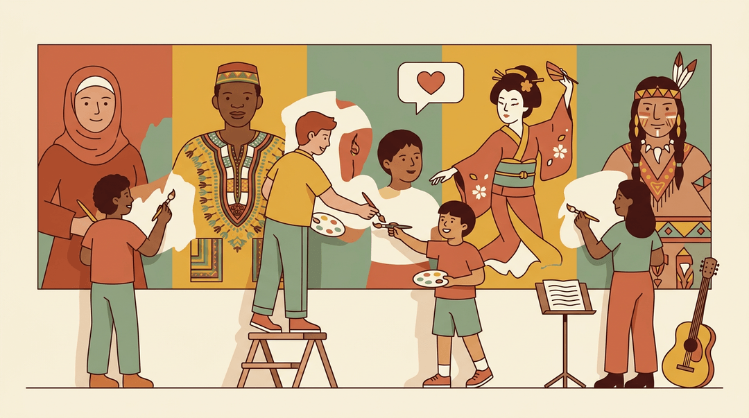 Diverse students collaborate on a mural depicting global cultures, symbolizing teamwork and empathy through shared art.