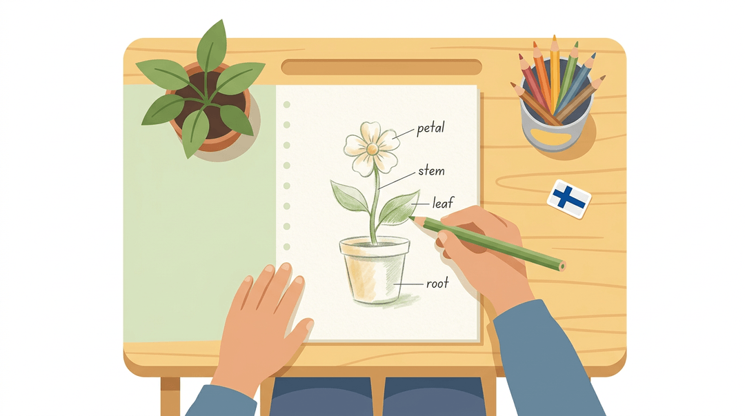A top-down view of a wooden desk with a botanical sketch labeling plant parts, colored pencils, and a small potted plant.