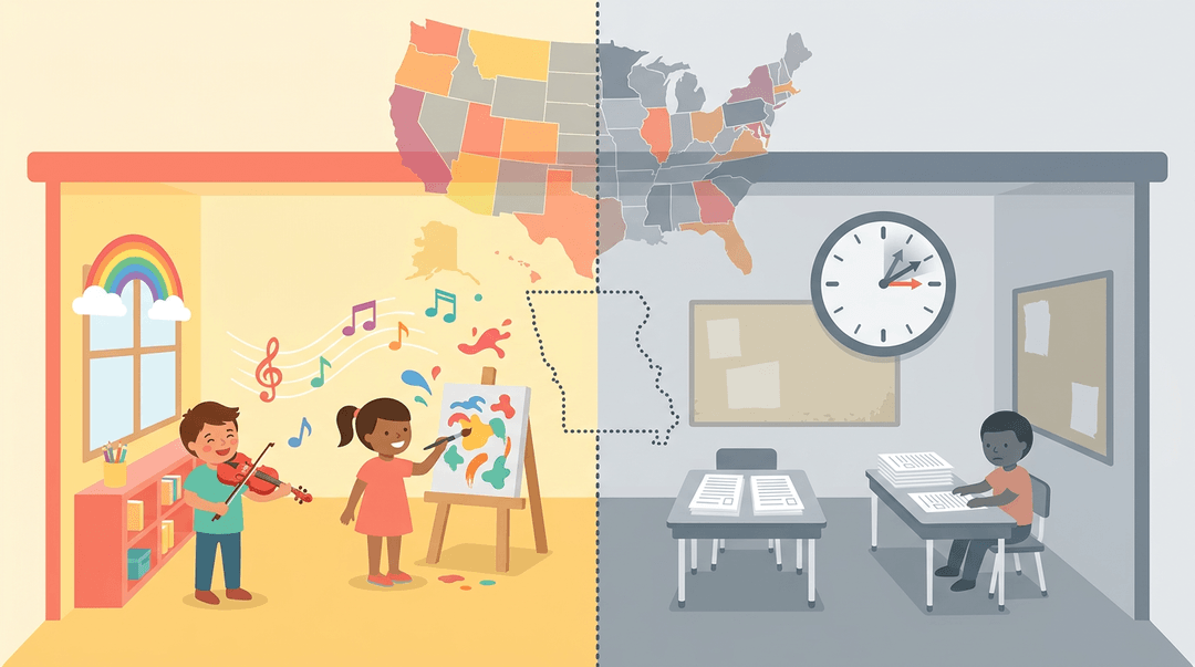 Split classroom shows vibrant arts education versus gray test prep, illustrating unequal access to creative learning.