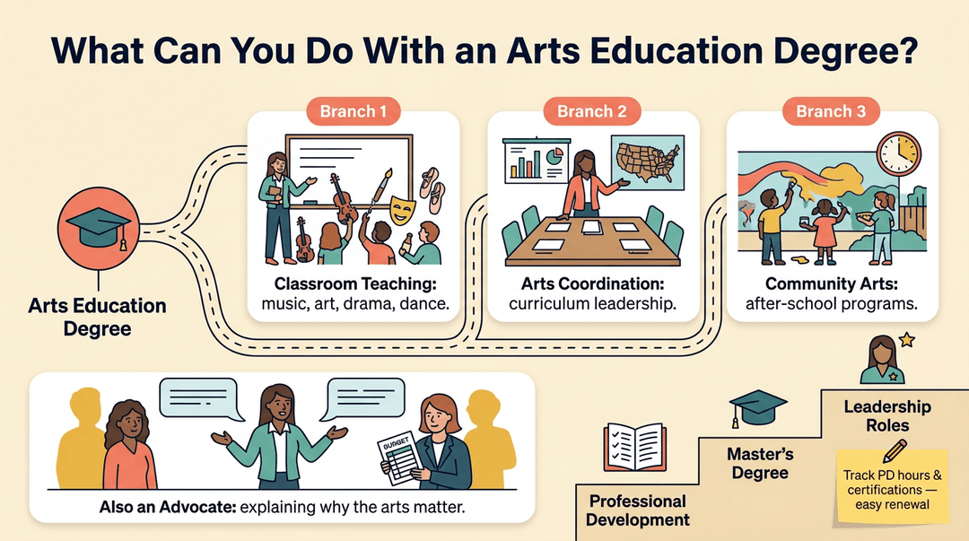 Infographic showing career paths for arts education degrees, including teaching, coordination, advocacy, and leadership roles.