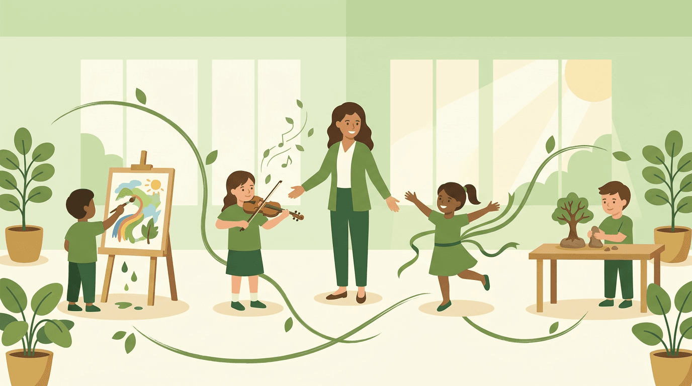 A teacher guides four children painting, playing violin, dancing, and sculpting in a green-themed classroom linked by vines.
