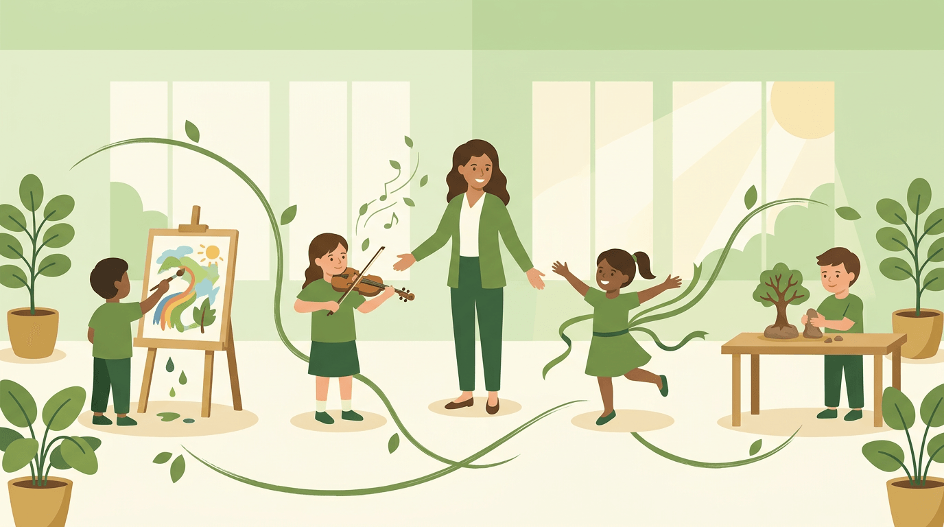 A teacher guides four children painting, playing violin, dancing, and sculpting in a green-themed classroom linked by vines.