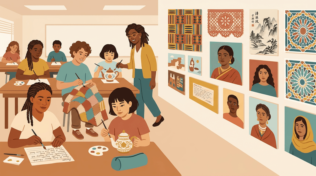 Diverse students paint family heirlooms while a teacher guides them, surrounded by a gallery of equal global art pieces.