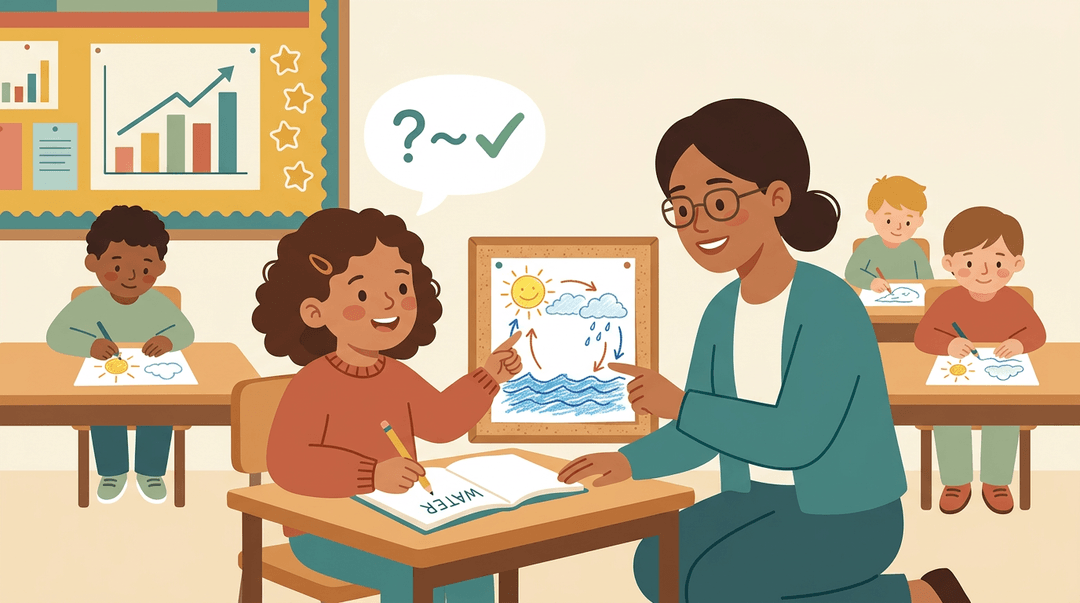A teacher guides a student who connects her water cycle drawing to reading, with classmates sketching in the background.