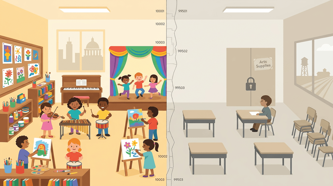 A split classroom shows vibrant arts access on the left and scarce resources on the right.