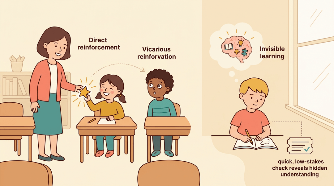 A teacher rewards one student, another watches, while a quiet student learns invisibly, connected to an exit ticket check.