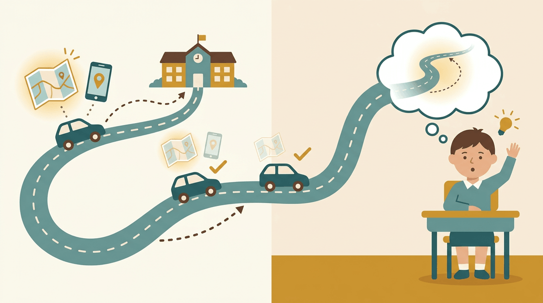 A car drives a winding road that transforms into a student's thought bubble, symbolizing the journey from uncertainty to confident knowledge.