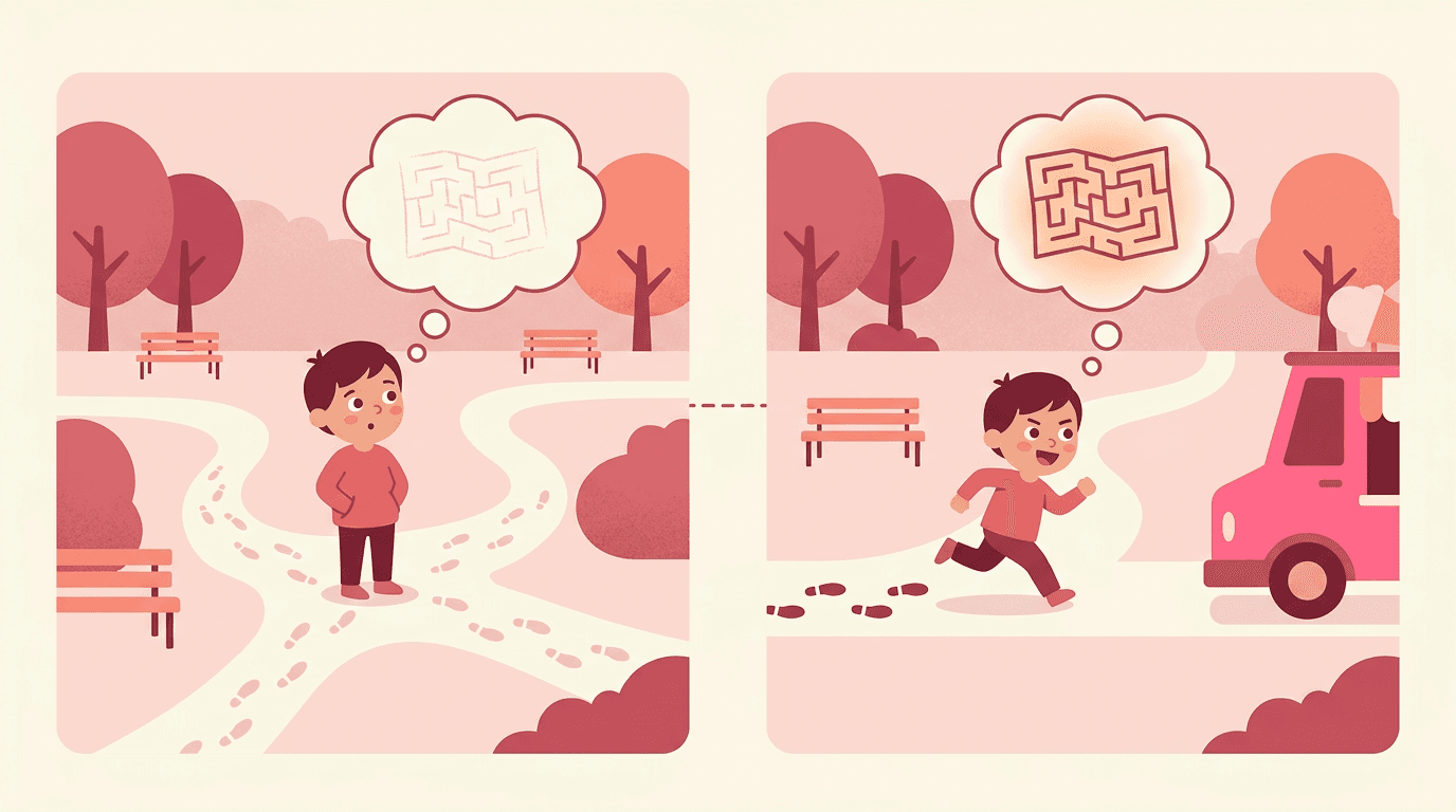 A split illustration shows a child wandering aimlessly versus sprinting toward an ice cream truck, visualizing latent learning.
