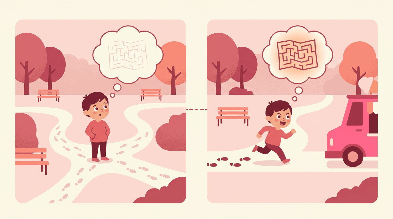 A split illustration shows a child wandering aimlessly versus sprinting toward an ice cream truck, visualizing latent learning.