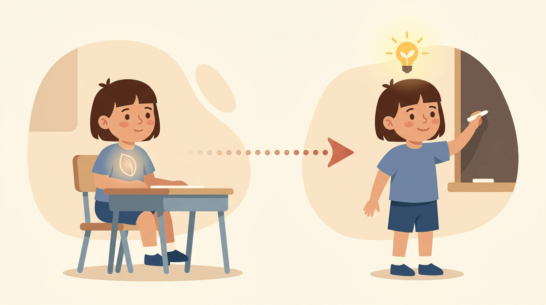 A child transitions from quietly absorbing knowledge to confidently sharing it, symbolized by a glowing seed blooming into a lightbulb.