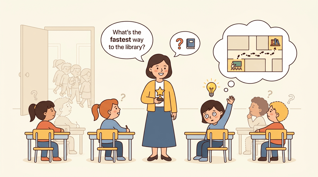 A shy student raises their hand with a lightbulb, showing they know the library route while classmates look on.